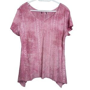 Women’s pink top v-neck sequins embroidered short sleeve size‎ large symmetrical